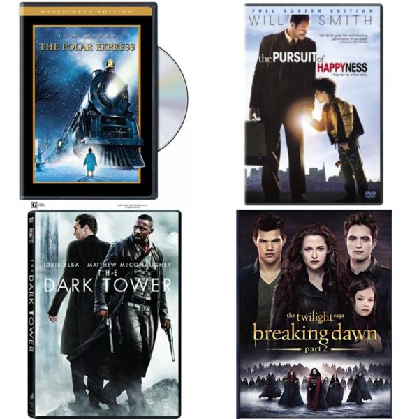 DVD Assorted Movies 4 Pack Fun Gift Bundle: The Polar Express, The Pursuit of Happyness, The Dark Tower, The Twilight Saga: Breaking Dawn - Part 2