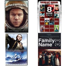 DVD Assorted Movies 4 Pack Fun Gift Bundle: The Martian, 8-Movie Pack Midnight Horror Collection V.2, Master and Commander - The Far Side of the World, Family Name