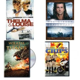 DVD Assorted Movies 4 Pack Fun Gift Bundle: Thelma & Louise, Braveheart, Wrath of the Titans, Chips