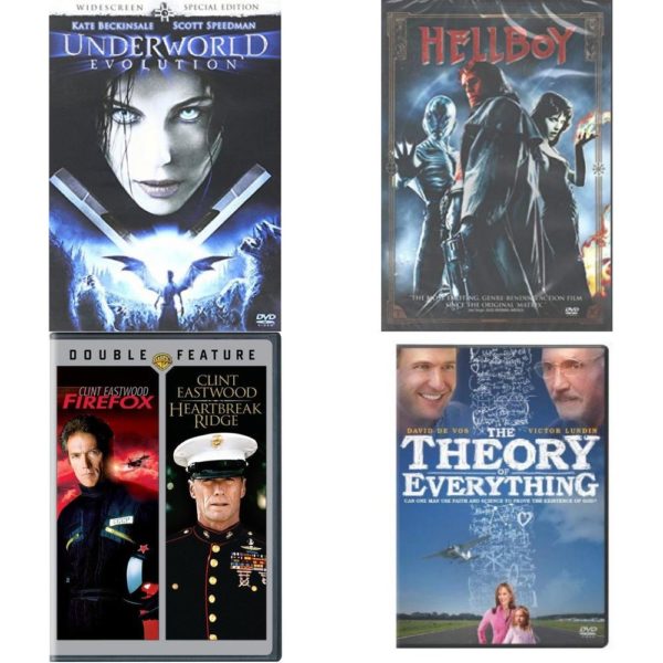 DVD Assorted Movies 4 Pack Fun Gift Bundle: Underworld: Evolution, HELLBOY, Firefox / Heartbreak Ridge, Theory of Everything
