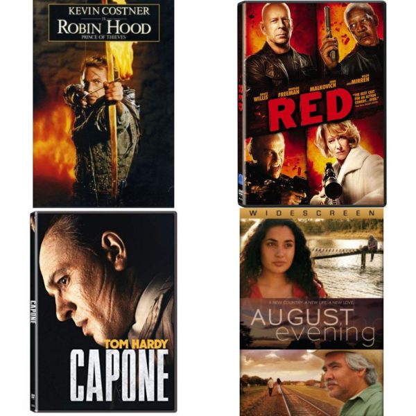 DVD Assorted Movies 4 Pack Fun Gift Bundle: Robin Hood: Prince of Thieves, Red, Capone, August Evening