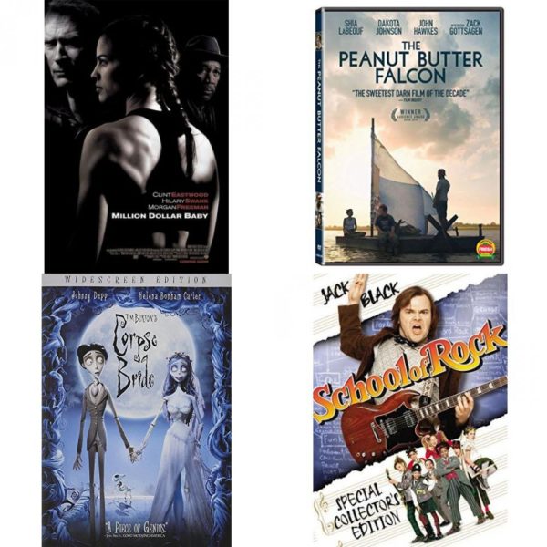 DVD Assorted Movies 4 Pack Fun Gift Bundle: Million Dollar Baby, The Peanut Butter Falcon, Tim Burtons Corpse Bride, School of Rock