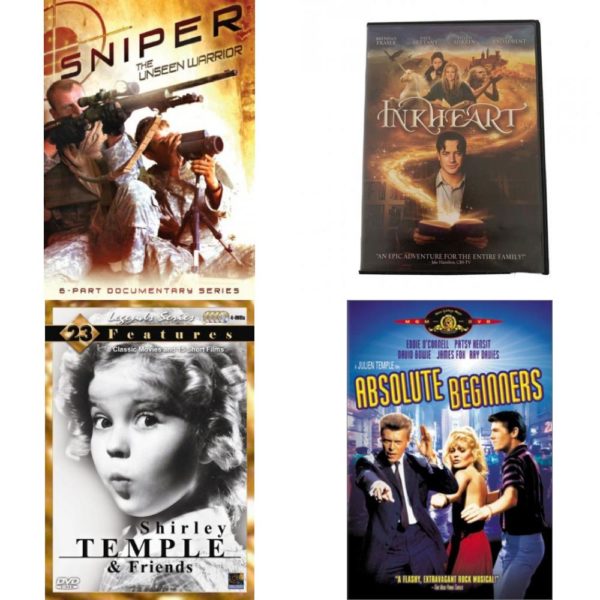 DVD Assorted Movies 4 Pack Fun Gift Bundle: Sniper - The Unseen Warrior, Ink Heart, Shirley Temple & Friends, Absolute Beginners
