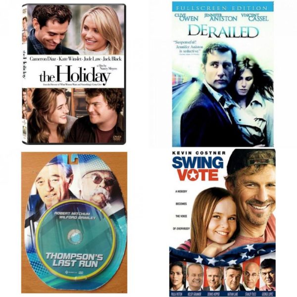 DVD Assorted Movies 4 Pack Fun Gift Bundle: The Holiday, Derailed, Thompsons Last Run, Swing Vote