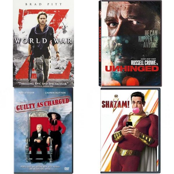 DVD Assorted Movies 4 Pack Fun Gift Bundle: World War Z, UNHINGED, Guilty as Charged, Shazam!