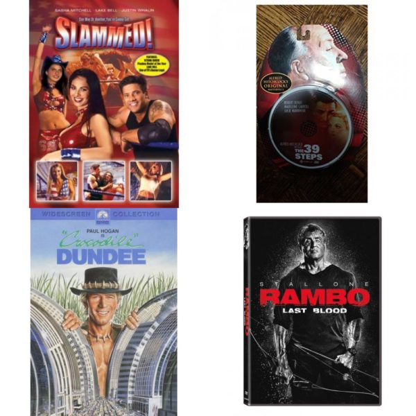 DVD Assorted Movies 4 Pack Fun Gift Bundle: Slammed!, The 39 Steps Alfred Hitchcocks, Crocodile Dundee, Rambo Last Blood