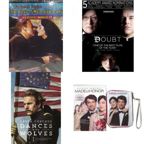 DVD Assorted Movies 4 Pack Fun Gift Bundle: The Last Time I Saw Paris, Doubt, NEW Dances With Wolves, Made Of Honor