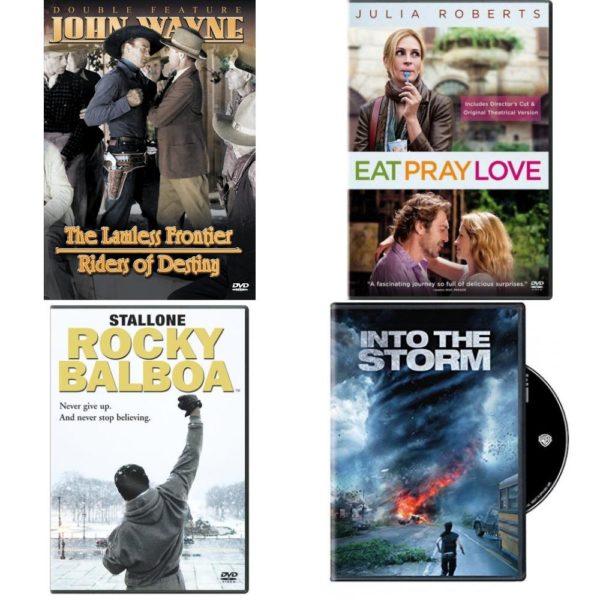 DVD Assorted Movies 4 Pack Fun Gift Bundle: John Wayne, Set 2: Lawless Frontier/Riders of Destiny, Eat Pray Love, Rocky Balboa, Into The Storm