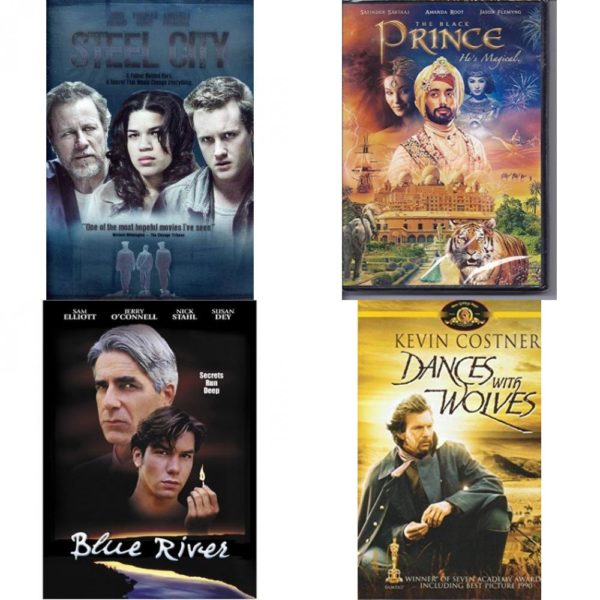 DVD Assorted Movies 4 Pack Fun Gift Bundle: Steel City, The Black Prince, Blue River, Dances with Wolves