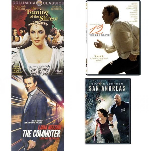 DVD Assorted Movies 4 Pack Fun Gift Bundle: The Taming of the Shrew, 12 Years a Slave, The Commuter, San Andreas