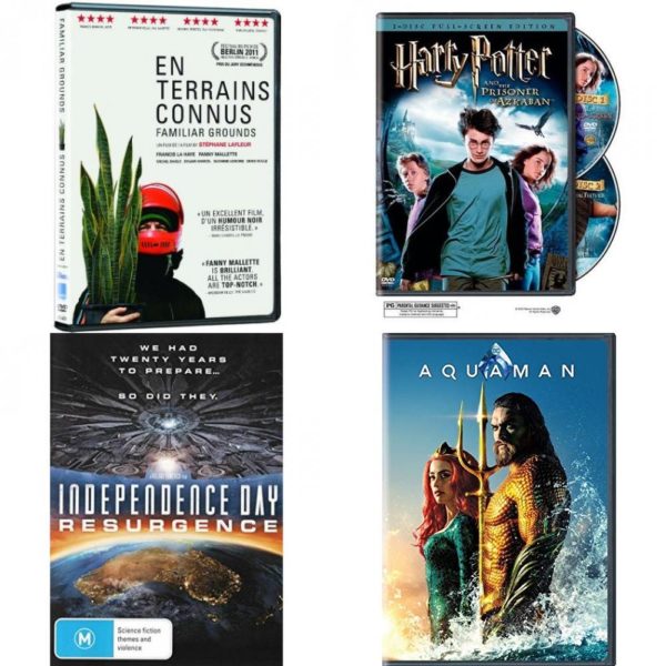 DVD Assorted Movies 4 Pack Fun Gift Bundle: En Terrains Connus, Harry Potter and the Prisoner of Azkaban, Independence Day - Resurgence, Aquaman