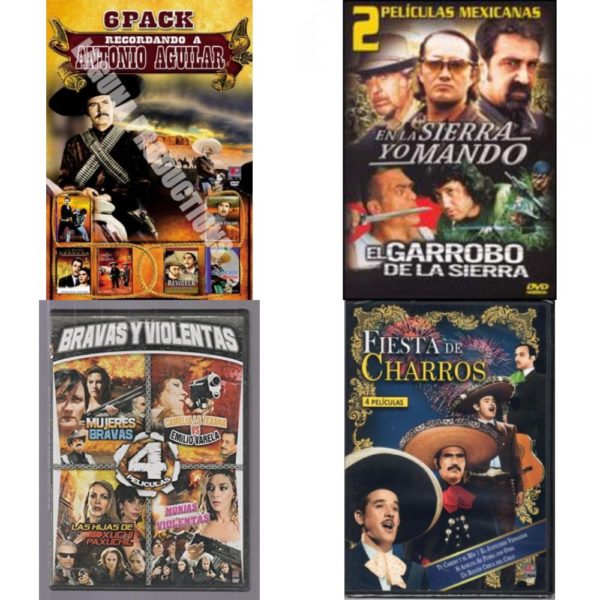 DVD Spanish Speaking Movies 4 Pack Fun Gift Bundle: Recordando a Antonio Aguilar 6 Pack  2 Peliculas Mexicanas: En La Sierra Yo Mando/El Garrobo de La Sierra  Bravas Y Violentas "4 Peliculas" JULIO ALEMAN & MARIO ALMADA  Fiesta De Charros. 4 Peliculas
