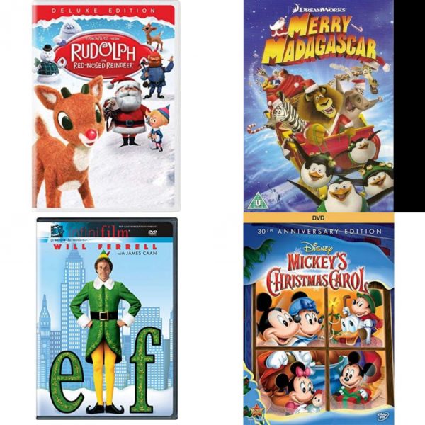 Christmas Holiday Movies DVD 4 Pack Assorted Bundle: Rudolph the Red-Nosed Reindeer, Merry Madagascar, Elf, Mickey's Christmas Carol