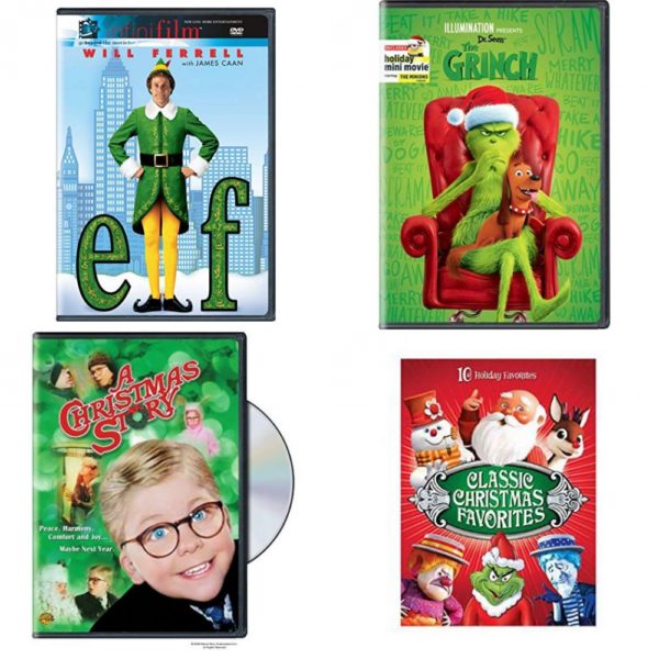 Christmas Holiday Movies DVD 4 Pack Assorted Bundle: Elf, Dr. Seuss' The Grinch, A Christmas Story, Classic Christmas Favorites