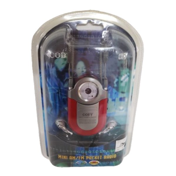 Coby CX-7 Mini AM FM Pocket Radio Black DBBS With Neck Strap Ear Phones Red