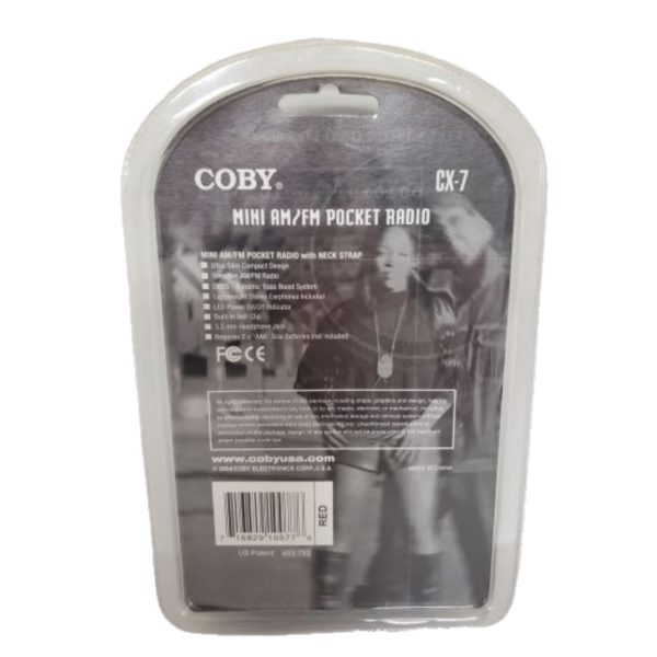 Coby CX-7 Mini AM FM Pocket Radio Black DBBS With Neck Strap Ear Phones Red