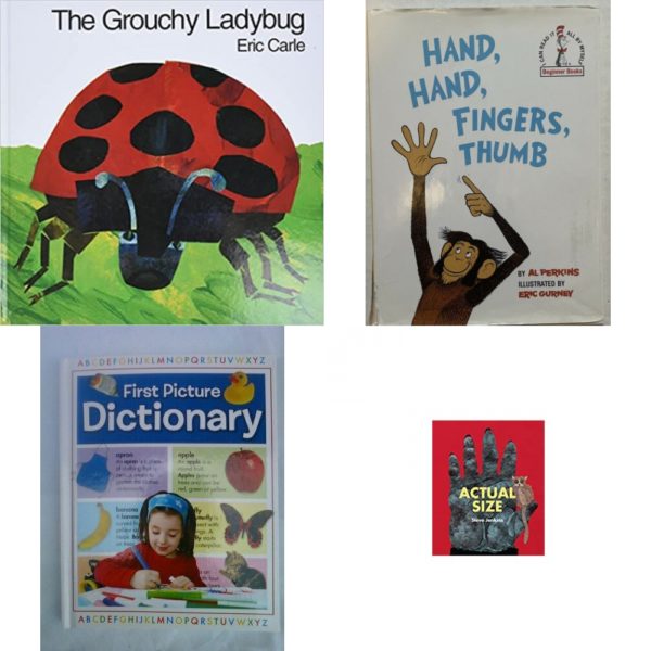 Children's Fun & Educational 4 Pack Hardcover Book Bundle (Ages 3-5): The Grouchy Ladybug, Hand, Hand, Fingers, Thumb Kohls Cares, First Picture Dictionary, Actual Size
