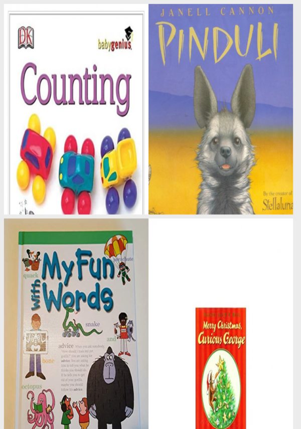 Children's Fun & Educational 4 Pack Hardcover Book Bundle (Ages 3-5): Numbers Baby Genius Board book, Pinduli, My Fun With Words Dictionary, Book 1: A-K, Margret And H.A. Reys Merry Christmas, Curious George