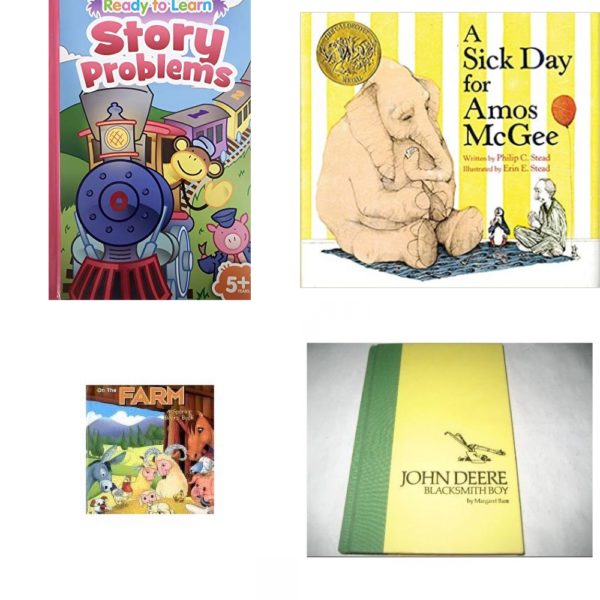 Children's Fun & Educational 4 Pack Hardcover Book Bundle (Ages 3-5): Ready To Learn: Story Problems, A Sick Day for Amos McGee, On the Farm: A Sparkle Board Book, John Deere Blacksmith Boy
