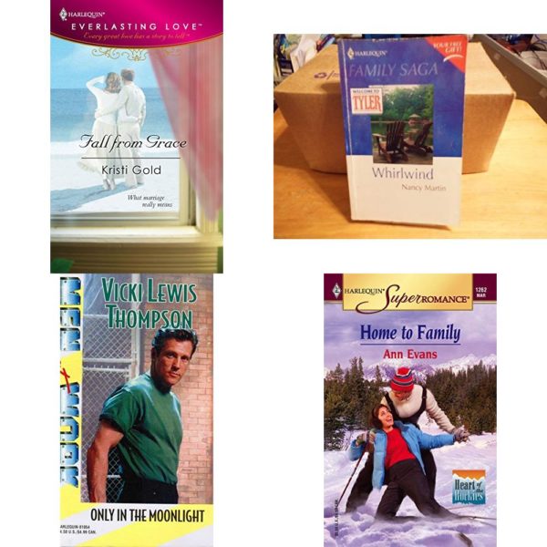 Assorted Harlequin Romance Paperback Book Bundle (4 Pack): Fall From Grace Mass Market Paperback, Whirlwind Family Saga Paperback, Only in the Moonlight Men at Work: Magnificent Men #42 Mass Market Paperback, Home to Family: Heart of the Rockies Harlequin Superromance No. 1262 Paperback