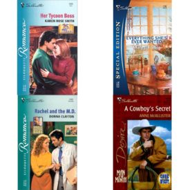Assorted Silhouette Romance Paperback Book Bundle (4 Pack): Her Tycoon Boss Paperback, Everything Shes Ever Wanted Silhouette Special Edition Mass Market Paperback, Rachel and the M.D. Single Doctor Dads Harlequin Romance Paperback, A Cowboys Secret Code Of The West Silhouette Desire, No 1279 Paperback