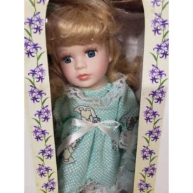 Vintage 1999 Collectible Memories Porcelain Doll 11" Mint Green Polka Dot Teddy Bear Dress