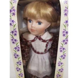 Vintage 1999 Collectible Memories Porcelain Doll 11" Red Checkered Prairie Dress Blonde Blue Eyes