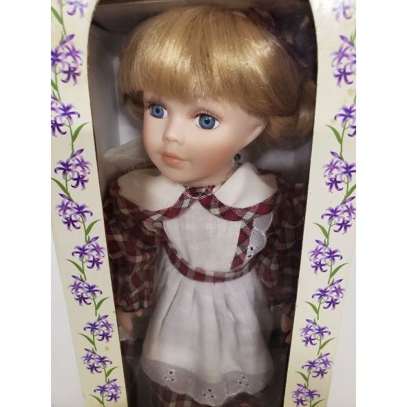 Vintage 1999 Collectible Memories Porcelain Doll 11" Red Checkered Prairie Dress Blonde Blue Eyes