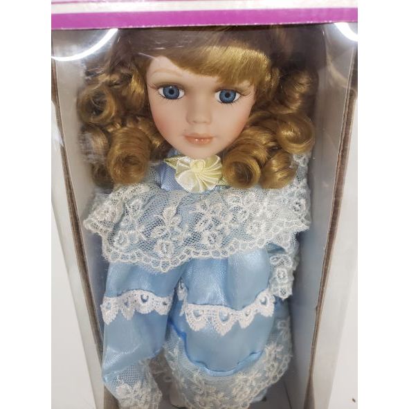 Vintage Limited Edition Hollylane Porcelain 10" Doll Blue Lace Prairie Dress, Brown Hair, Blue Eyes