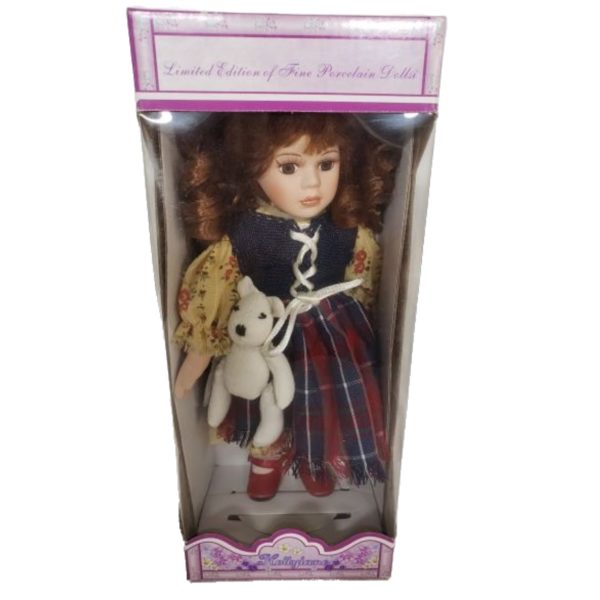 Vintage Limited Edition Hollylane Porcelain 10" Doll Plaid & Denim Prairie Dress w/ Teddy Bear, Curly Red Hair, Brown Eyes