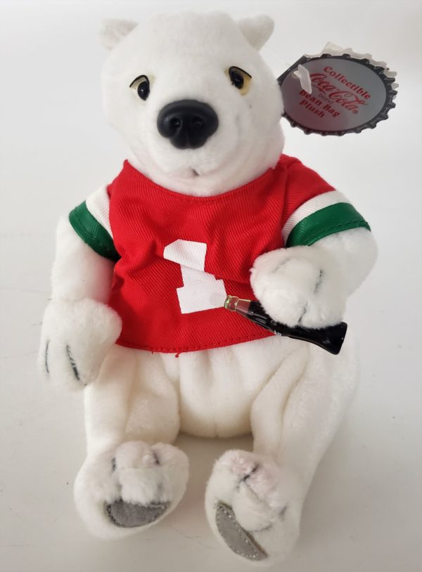 1997 Coca-Cola Bean Bag Plush - Polar Bear In #1 Sport Shirt