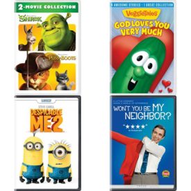 DVD Children's Movies 4 Pack Fun Gift Bundle: Shrek / Puss in Boots: 2-Movie Collection  God Loves You Very Much  Despicable Me 2  Won't You Be My Neighbor?