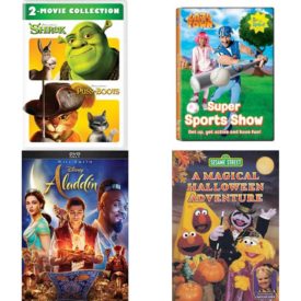 DVD Children's Movies 4 Pack Fun Gift Bundle: Shrek / Puss in Boots: 2-Movie Collection  Lazy Town: Super Sports Show  ALADDIN  Sesame Street - A Magical Halloween Adventure