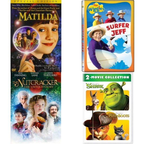 DVD Children's Movies 4 Pack Fun Gift Bundle: Matilda Special Edition  The Wiggles: Surfer Jeff  The Nutcracker: The Untold Story  Shrek / Puss in Boots: 2-Movie Collection