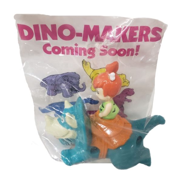 1991 Denny's Flintstones Dino-Racers Pebbles on Dinosaur Pull Back Toy
