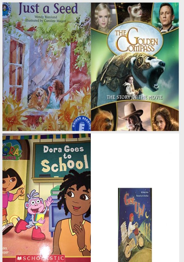 Children's Fun & Educational 4 Pack Paperback Book Bundle (Ages 3-5): Just a Seed Reading Discovery, The Golden Compass: Story Of The Movie, Dora Goes to School, Listen to Me Reader, Level 6.4: Get Up!