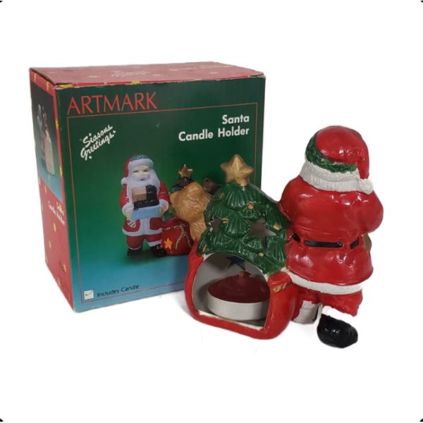 Vintage 1991 Artmark Santa Tealight Candle Holder 5" - Lights Santa Bag