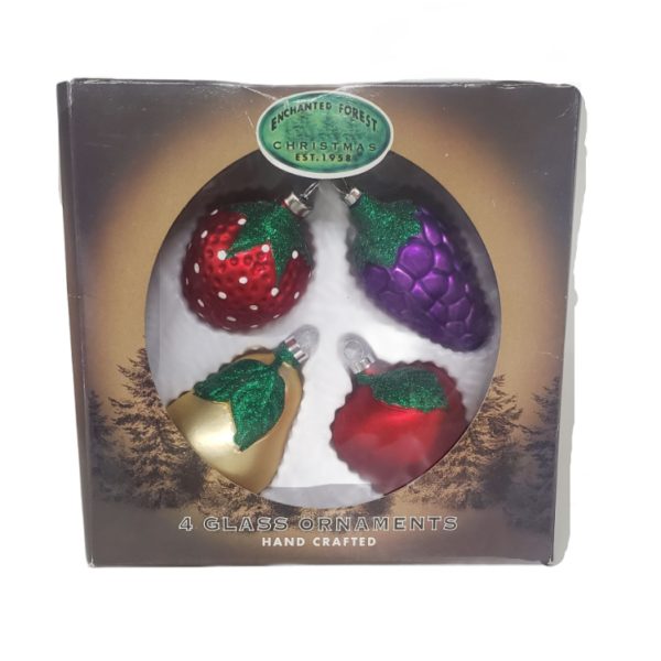Enchanted Forest 4 Glass Fruit Ornaments - Strawberry Grape Pear Apple