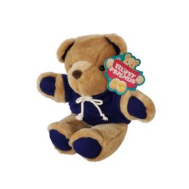 1997 Fluffy Friends Tan Teddy Bear w/ Blue Drawstring Hoodie 12"