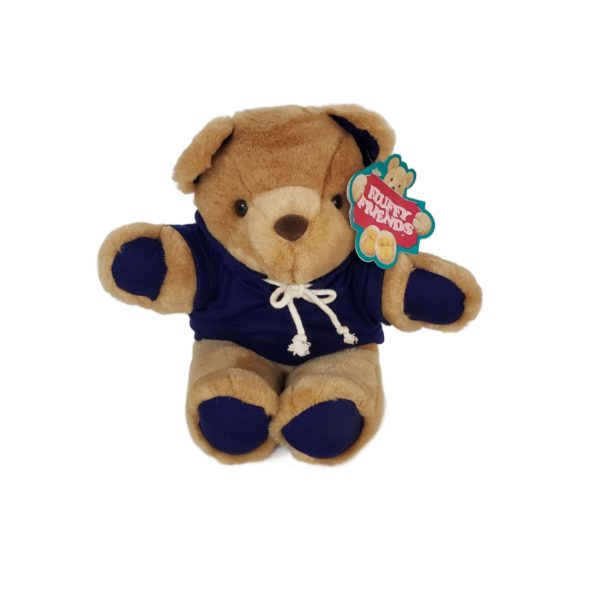1997 Fluffy Friends Tan Teddy Bear w/ Blue Drawstring Hoodie 12"