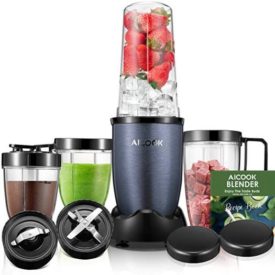 Blender, Aicook Smoothie Blender, 780W High-Speed Personal Blender, 15-Piece Smoothie Maker/Mixer Included 4-Piece BPA-Free Blender Bottles, Two SUS 304 Stainless Steel Blades, Charcoal Grey`