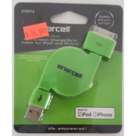 Enercell Green USB Retractable Sync/Charge 2.5 Feet Data Cable USB Charger For 30-Pin iPad 2 3 iPhone 3G 3GS 4 4S iPod Touch Classic Video Nano
