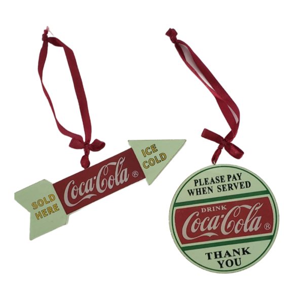 Coca-Cola Signs Wooden Ornament Set Arrow 5" & Round 3" Vintage Green