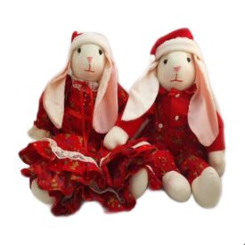 Handcrafted Mr. and Mrs. Christmas Bunny Rabbit Dolls in Matching Festive Holiday Outfits