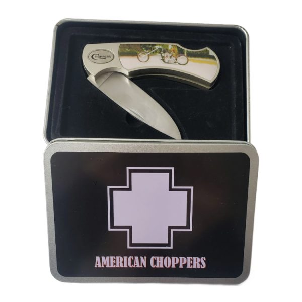 American Choppers Custom Motorcycle Pocket Knife In Tin - Charcoal Black + Orange Chopper