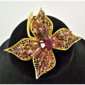 Vintage Gold Tone Purple & Red Rhinestone Flower Brooch