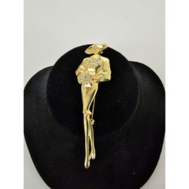 Vintage Gold Tone Sophisticated Lady With Rhinestone Muff & Necklace Brooch Pin