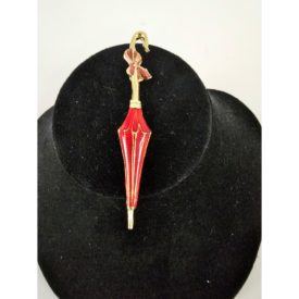 Vintage Gold Tone Red Enamel Umbrella Brooch Pin 2.75 Inch