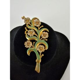 Vintage Green Gold Tone Flower Bouquet Brooch Pin 3 Inch