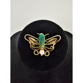 Vintage Gold Tone & Jade Green w/ Pearl Butterfly Pin